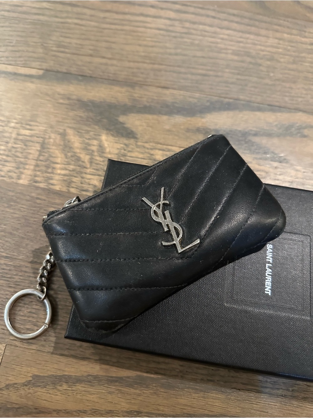 Saint Laurent Black Quilted Leather Key Pouch with Silver YSL Chain